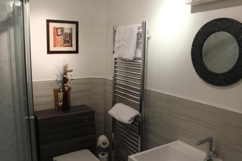 金尤西Dunmhor Guest House的一间带卫生间、水槽和镜子的浴室