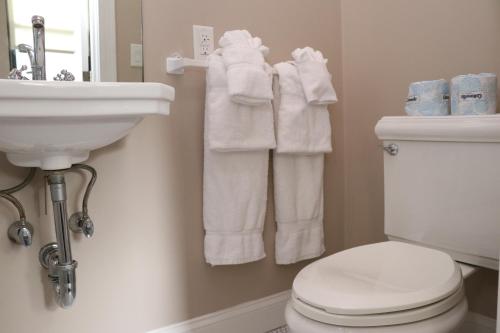 波士顿South End Studio Perfect for Work Travel #26的浴室配有卫生间、水槽和毛巾。