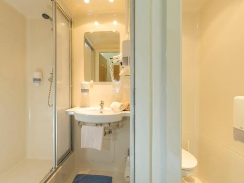 因斯布鲁克斯特凡布科宾馆酒店的一间带水槽、淋浴和卫生间的浴室