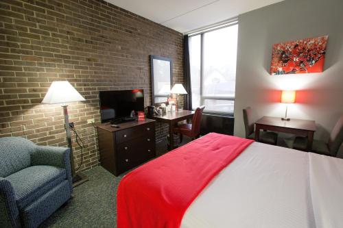 新不伦瑞克罗格斯大学客栈和会议中心酒店的酒店客房配有一张床、一把椅子和一台电视。