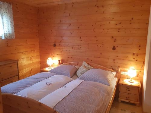 陶普利茨Ferienwohnung Arina的配有木墙和灯的客房内的两张床