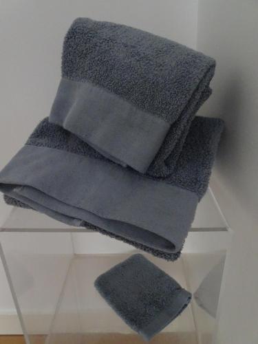洛里昂Le Loft, l'annexe的一堆灰色的毛巾,放在玻璃架上