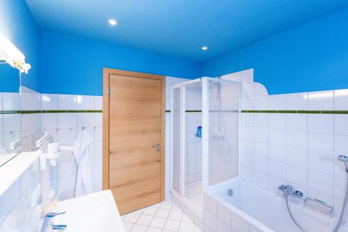 圣安东阿尔贝格Ibex Lodge的带淋浴、浴缸和卫生间的浴室