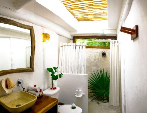 图卢姆比奥莱塔酒店的一间带水槽、卫生间和镜子的浴室