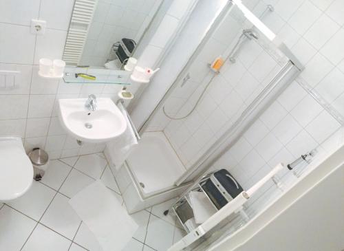 岑平Apartment Fridolin的白色的浴室设有水槽和淋浴。