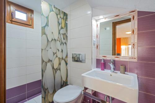 波利克罗诺Akrathos Houses的一间带水槽、卫生间和镜子的浴室