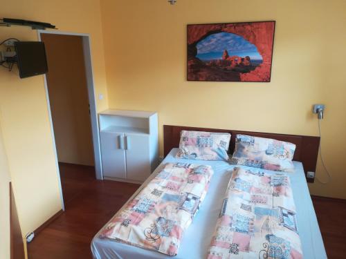 捷克布杰约维采Apartments Rokytka 308 & 405的一间卧室设有两张床,墙上挂着一幅画
