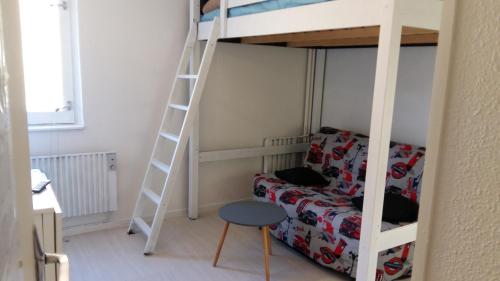 拉姆吉Studio 4 personnes的一间卧室配有一张带沙发和梯子的双层床。