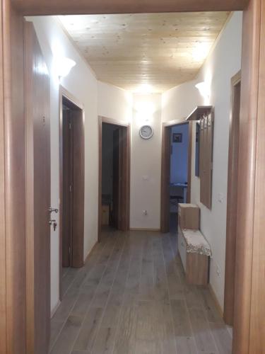 萨洛尔诺ATL AGRITURISMO的走廊设有两扇门,一间铺有木地板的客房