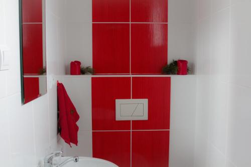 戈尔拉赫夫Vysoké Tatry Gerlaška的铺有红色和白色瓷砖的浴室设有卫生间