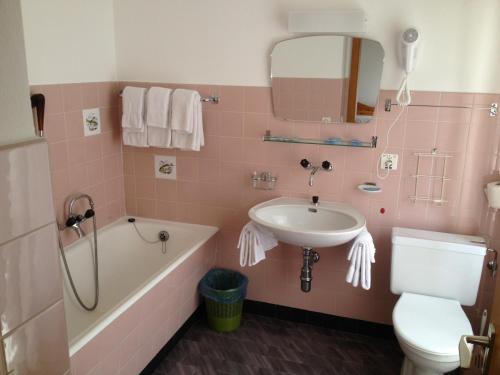 艾罗洛Hotel Des Alpes - Restaurant & Pizzeria的粉红色的浴室设有水槽、浴缸和卫生间
