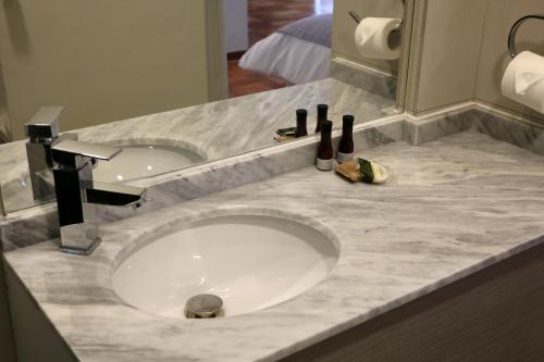圣地亚哥Hotel Plaza Ñuñoa的浴室的柜台设有水槽和镜子