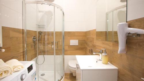 格里兹鲍Piasek i Woda Apartamenty Butikowe的带淋浴、卫生间和盥洗盆的浴室
