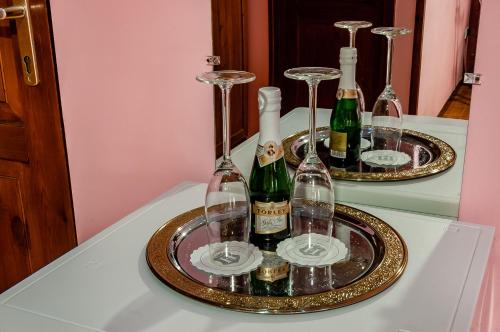 毛科Bástya Hotel的桌子上装有酒瓶和玻璃杯的托盘