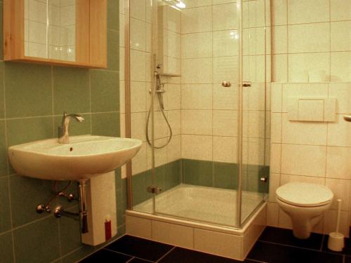 齐罗Bungalow Nr_2 bei Wismar _ Ostsee的带淋浴、盥洗盆和卫生间的浴室