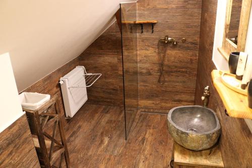 兹雷切Gorska Reka Guesthouse的带淋浴和石碗的浴室