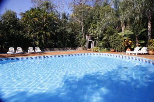 伊瓜苏港La Cautiva Iguazú Hotel的一个带椅子和树木的大型游泳池