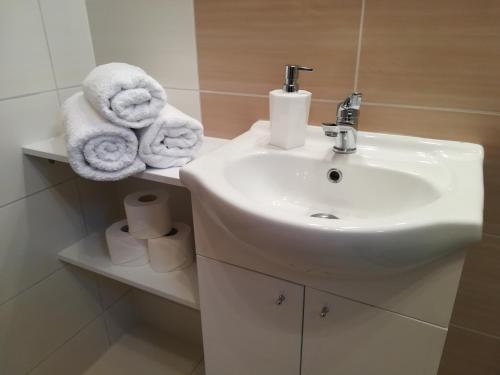 尤斯托尼莫斯基Domki letniskowe HOLIDAY的一间带水槽和架子毛巾的浴室