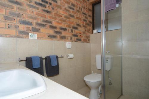 本迪戈本迪戈桑赫斯特汽车旅馆的一间带卫生间和玻璃淋浴间的浴室