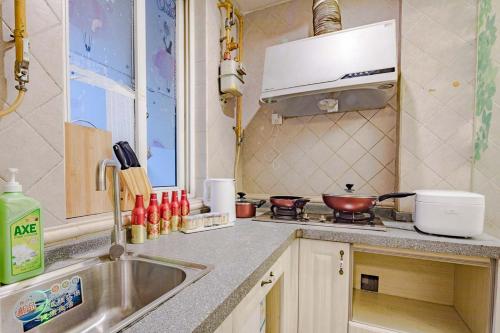 成都成都市锦江区·太古里·路客精品公寓·00177440的厨房配有水槽和炉灶 顶部烤箱