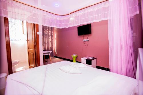 达累斯萨拉姆B10 Airport Lodge的卧室配有白色床和粉红色墙壁