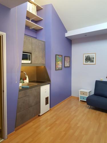 贝特谢梅什Bright, inviting, unique architecture, great location flat的厨房设有紫色墙壁和蓝色沙发