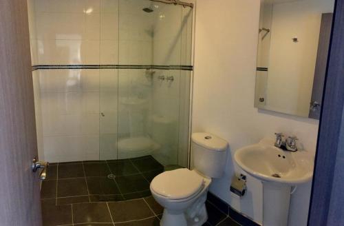 帕斯托Hotel Max的浴室配有卫生间、淋浴和盥洗盆。