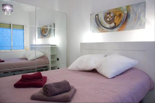 巴塞罗那萨格里拉公寓的一间卧室配有两张床和镜子