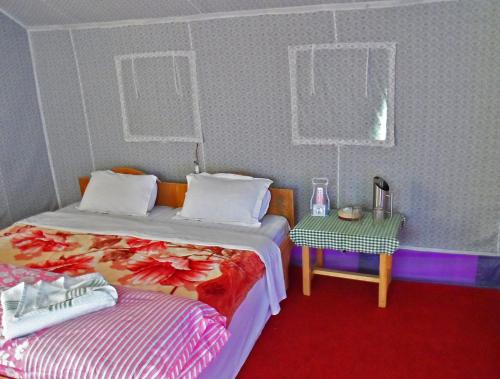 努布拉努布拉虎营露营地的一间卧室配有一张床和一张边桌