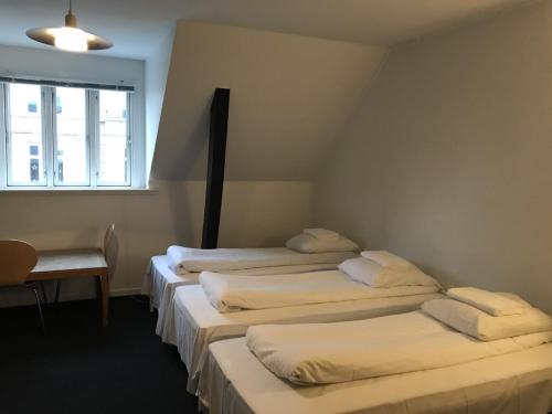 哥本哈根欧洲环球酒店的窗户房间里一排四张床