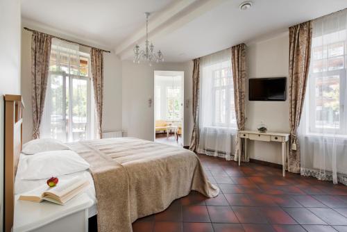 德鲁斯基宁凯Vila''RADIUM''的一间卧室设有一张床、一台电视和窗户。