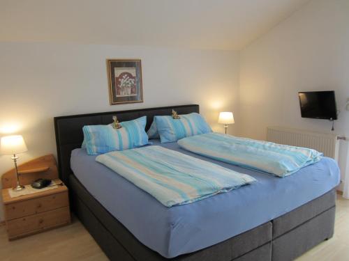 弗拉塔赫布鲁塞兰德豪斯酒店的一间卧室配有一张带蓝色床单的大床