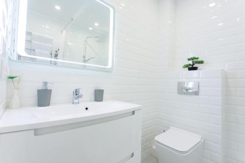苏梅Apart-Hotel "LAVINA"的白色的浴室设有水槽和卫生间。