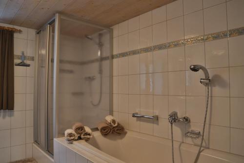 梅劳Apartments Hänsler的带淋浴和浴缸的浴室