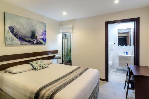 圣何塞佛得岛酒店的一间带一张床和一张书桌的卧室以及一间浴室。