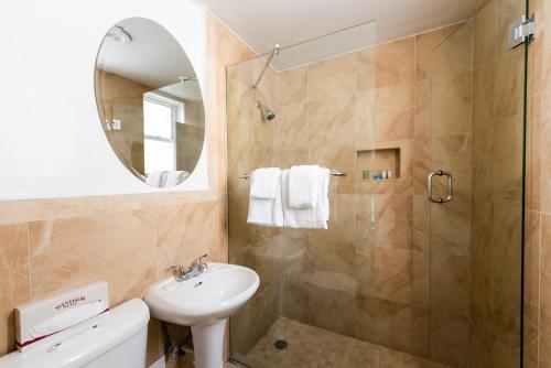 迈阿密海滩Majestic Hotel South Beach, Trademark Collection by Wyndham的带淋浴、盥洗盆和镜子的浴室