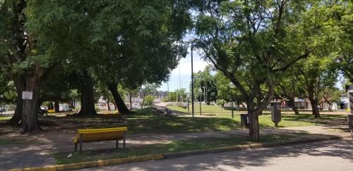 圣达菲Hotel Hostal Caballito Blanco的公园里种有长凳的树木
