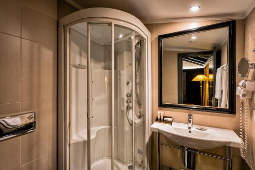 帕特雷梅森格雷科特色酒店的带淋浴、盥洗盆和镜子的浴室