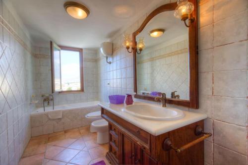 福尔米亚Appartamento a pochi passi dal mare的一间带水槽、卫生间和镜子的浴室