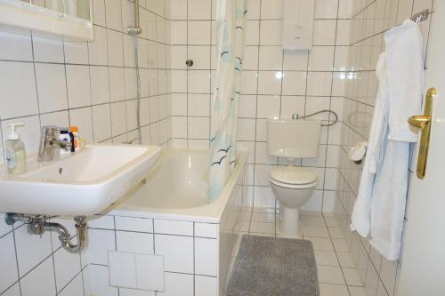 伍珀塔尔Nettes, gemütliches Apartment的白色的浴室设有水槽和卫生间。