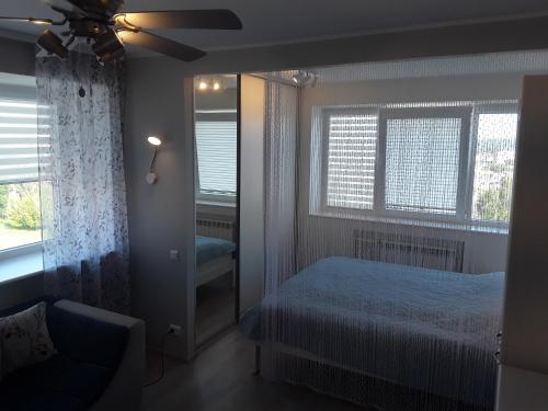 纳尔瓦LBE apartments的一间卧室配有一张床和吊扇