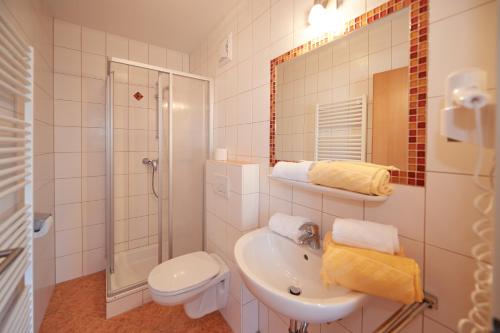 弗拉绍Happy Flachau的一间带水槽、卫生间和镜子的浴室