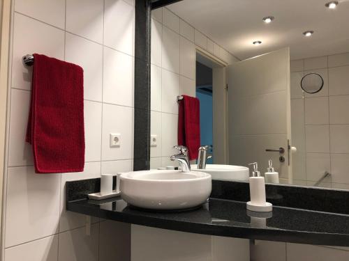 温特贝格Amadeo的一间带两个盥洗盆和大镜子的浴室