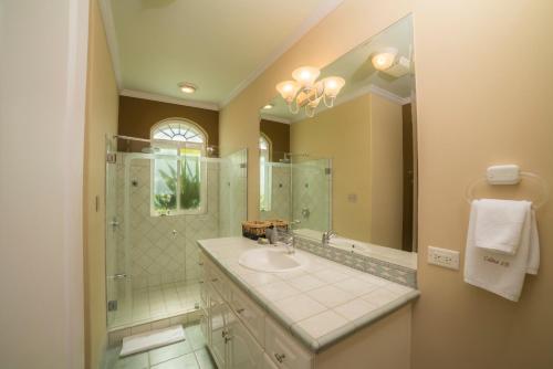 雅科Stay In CR Los Sueños Condos的一间带水槽、淋浴和镜子的浴室