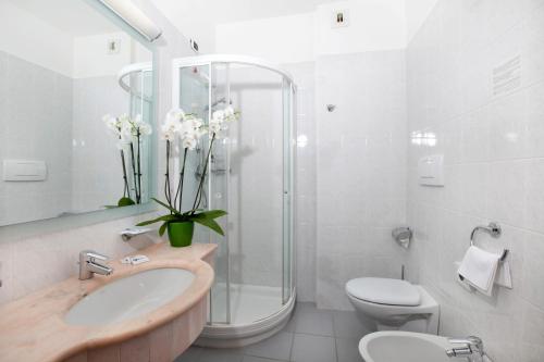 马帝斯兹罗Hotel Belvedere的一间带水槽、卫生间和淋浴的浴室