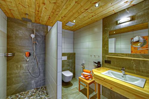 里茨勒恩麦克拉费伦-舒罗斯勒酒店的带淋浴、盥洗盆和卫生间的浴室