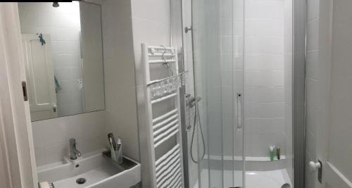 圣让-德吕兹Loquin的带淋浴和盥洗盆的白色浴室