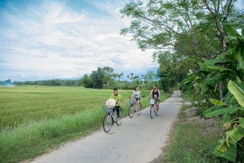 顺化顺化生态度假村的三人骑着自行车沿着土路走