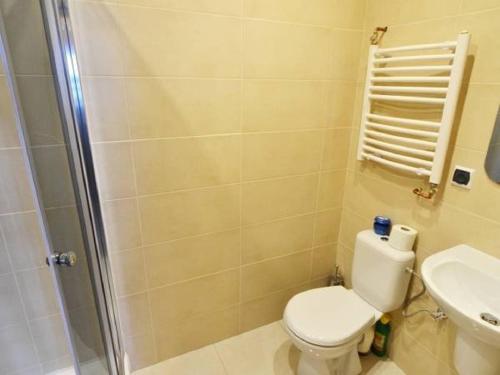 科尔别卢夫Domek Na Stoku的带淋浴、卫生间和盥洗盆的浴室