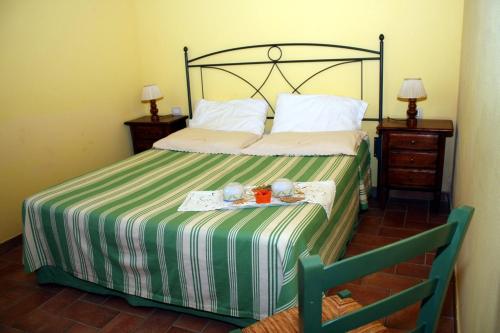卡斯泰尔菲奥伦蒂诺Agriturismo Le Docce的一间卧室配有一张带绿白条纹毯子的床